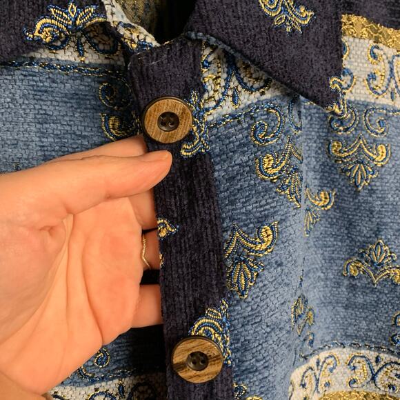 Vintage 90’s Tapestry Blanket Jacket Patchwork Chore Coat Blue Eclectic Grandpa - Picture 5 of 8